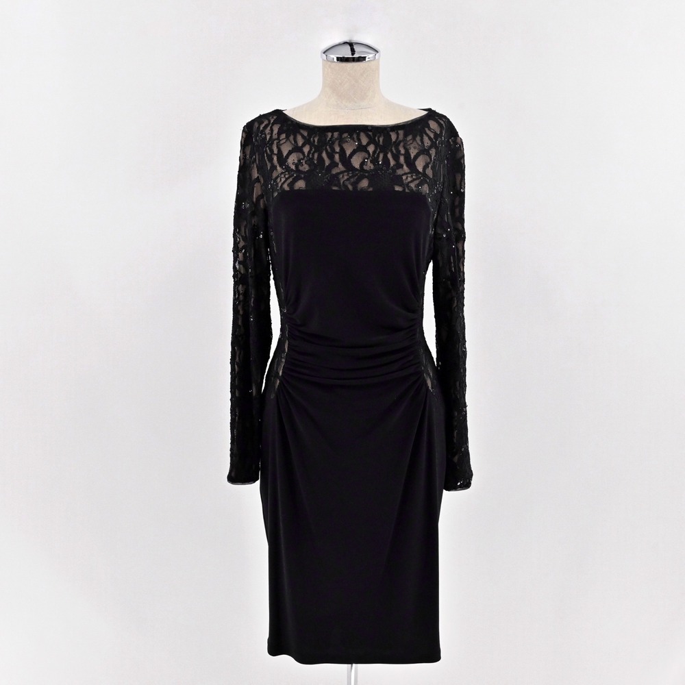 Ralph Lauren Lace Cocktail Dress Womens Size 8 Black Sequin Elegant Sheath LRL